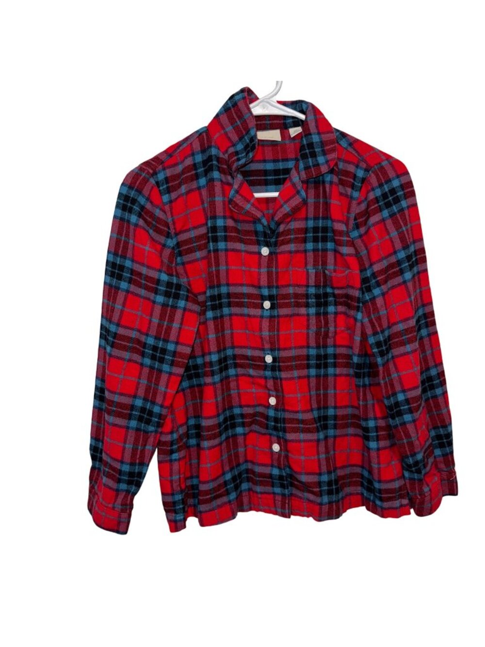 L.L. Bean Womens XS Petite  Red & Blue Plaid Button-Up Flannel Pajama Shirt